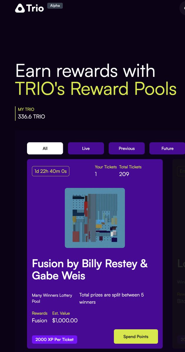 Yo, this <a href="/trio_xyz/">Trio</a> marketplace is LIT! 🔥

1.Holding ** 200 $TRIO** gets you  WL access to the hottest artists. 

2. With 50 TRIO, you can snag those missed gems with **ZERO FEES**! 

3. And don't forget the **REWARDS POOLS**! 

Like, why aren't you holding yet? Get on it, fam!