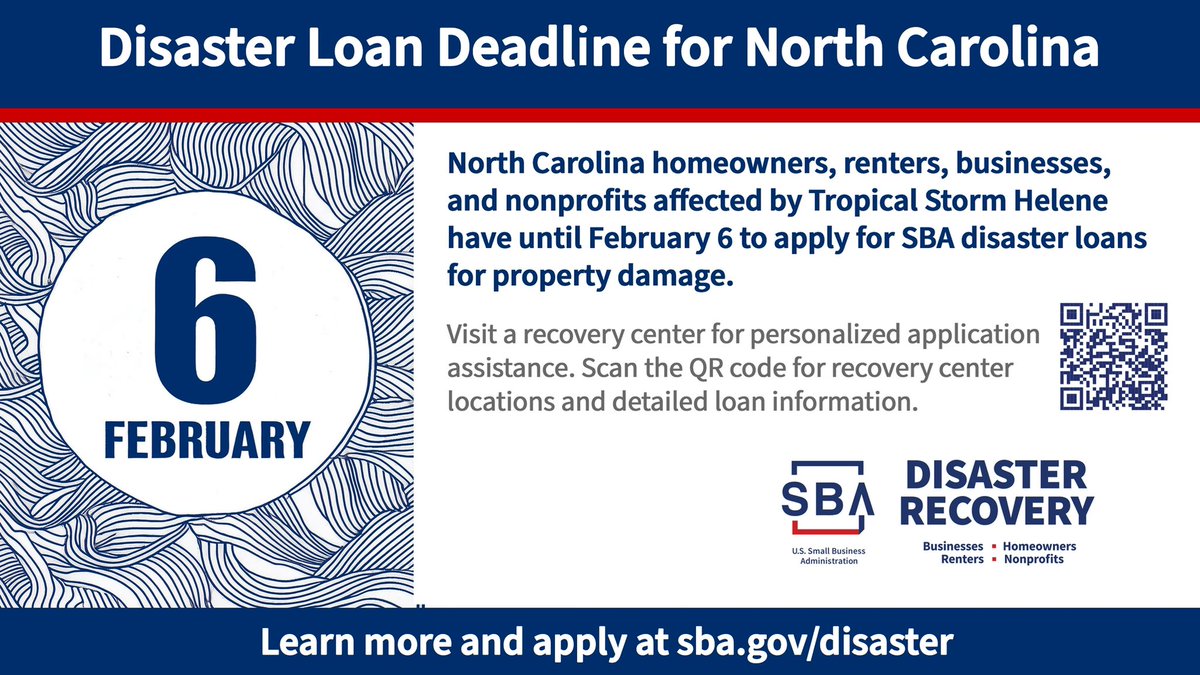 🚨Reminder. #NorthCarolina residents and businesses. The deadline to apply for an <a href="/SBAgov/">SBA</a> disaster loan for Tropical Storm Helene damage is now February 6. Apply today! Don’t wait for insurance, @FEMA grants, or other aid. #SBA is here to help.