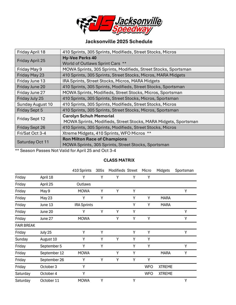 Here's the 2025 Schedule at <a href="/jaxspeedway/">Jacksonville Speedwa</a>.  410 Sprints every night!