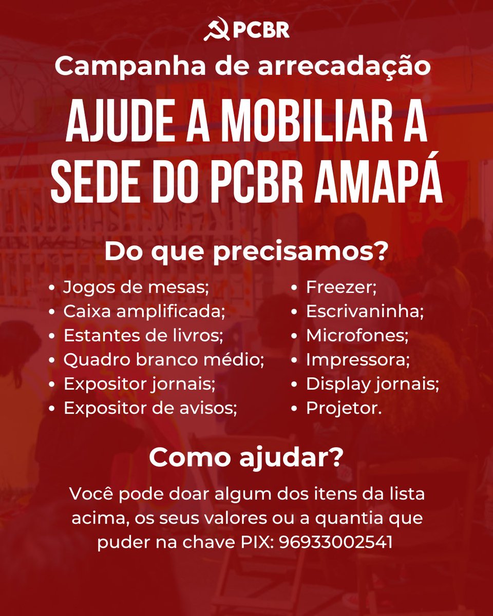 pcbr_amapa's tweet photo. 🚩CONSTRUA A LUTA ORGANIZADA NO EXTREMO NORTE!

Precisamos da sua ajuda para construir uma sede forte e equipada para o PCBR Amapá! Doe móveis (citados na imagem, ou outros que nos possa ser útil) ou qualquer valor via PIX. https://t.co/mj7qtpuMQh