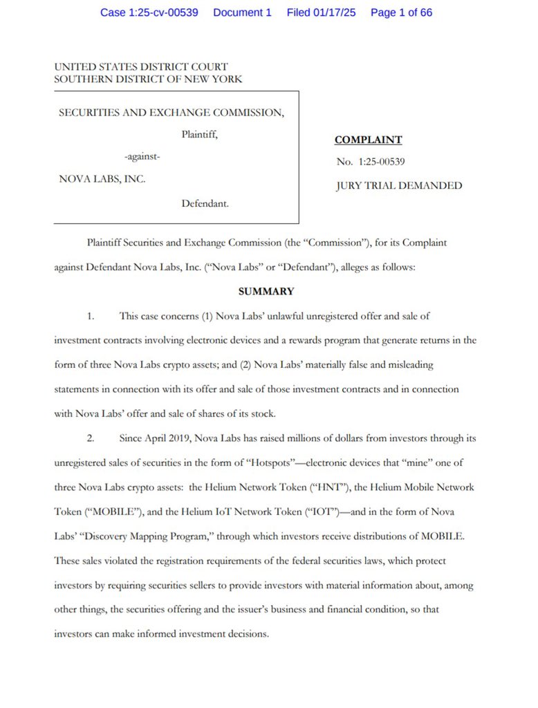 SolanaFloor's tweet photo. 🚨News: The SEC files a lawsuit against Nova Labs alleging unregistered securities sales via @helium Hotspots and programs. Helium CEO @amirhaleem vows to fight back: “If Helium hotspots are securities, it puts all DePINs in danger. We won’t allow that to happen.” https://t.co/CiuadOJjzv