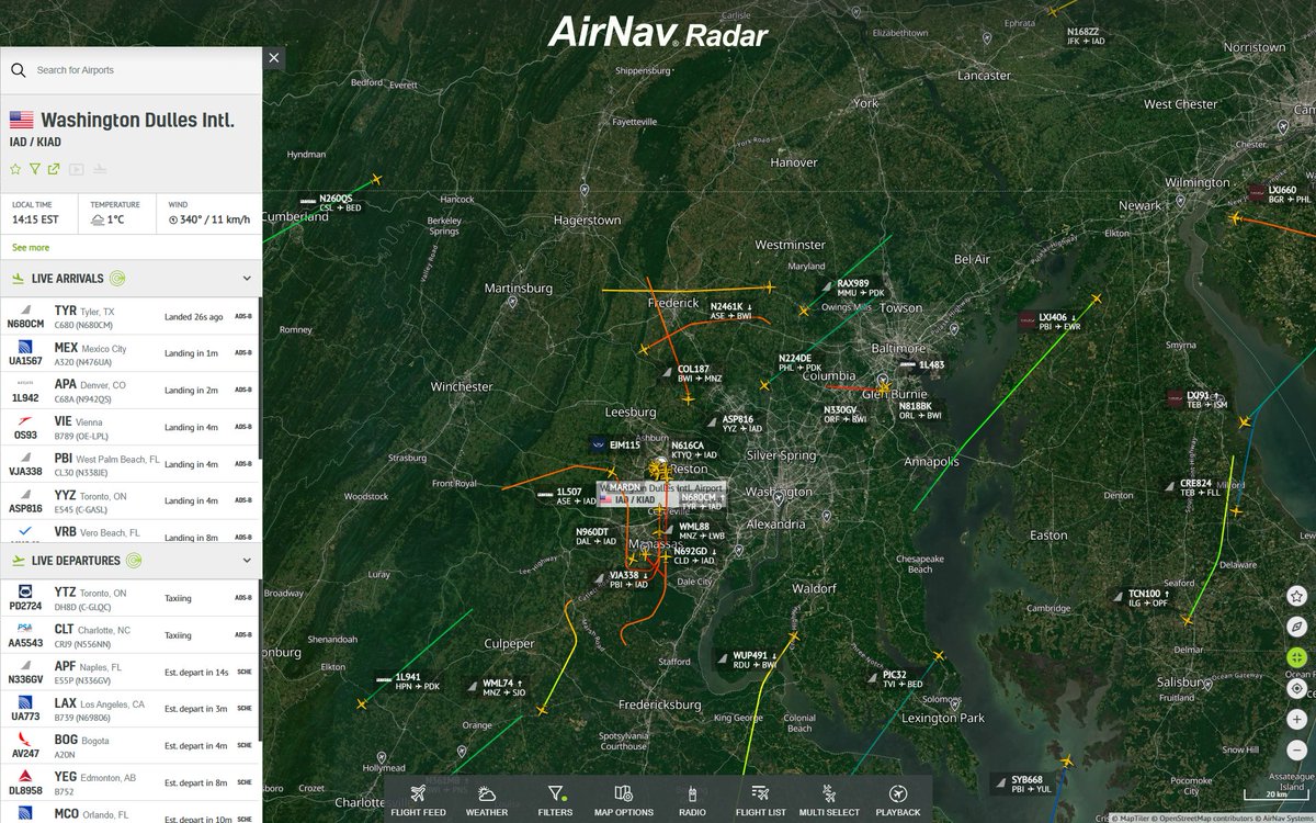 AirNavRadar's tweet photo. 🛩️ A current look at business jet activity to and from Washington Airports!
📍 Track live: https://t.co/pZYt0T1RRJ
#BusinessJets #Aviation #AirTraffic #AirNav https://t.co/UxAfPRzzve