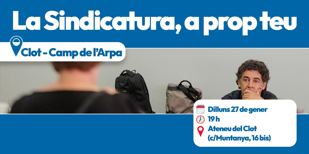 👂🏼La Sindicatura, a prop teu: El Clot - Camp de l’Arpa      

➡️ Tens una reclamació a fer sobre els serveis municipals?      

El síndic de Barcelona, <a href="/DavidBondia/">David Bondia</a>, escoltarà les vostres peticions!    

📅 Dilluns 27 de gener 
🕖 19 h 
🏢 <a href="/AteneuDelClot/">Ateneu del Clot</a>