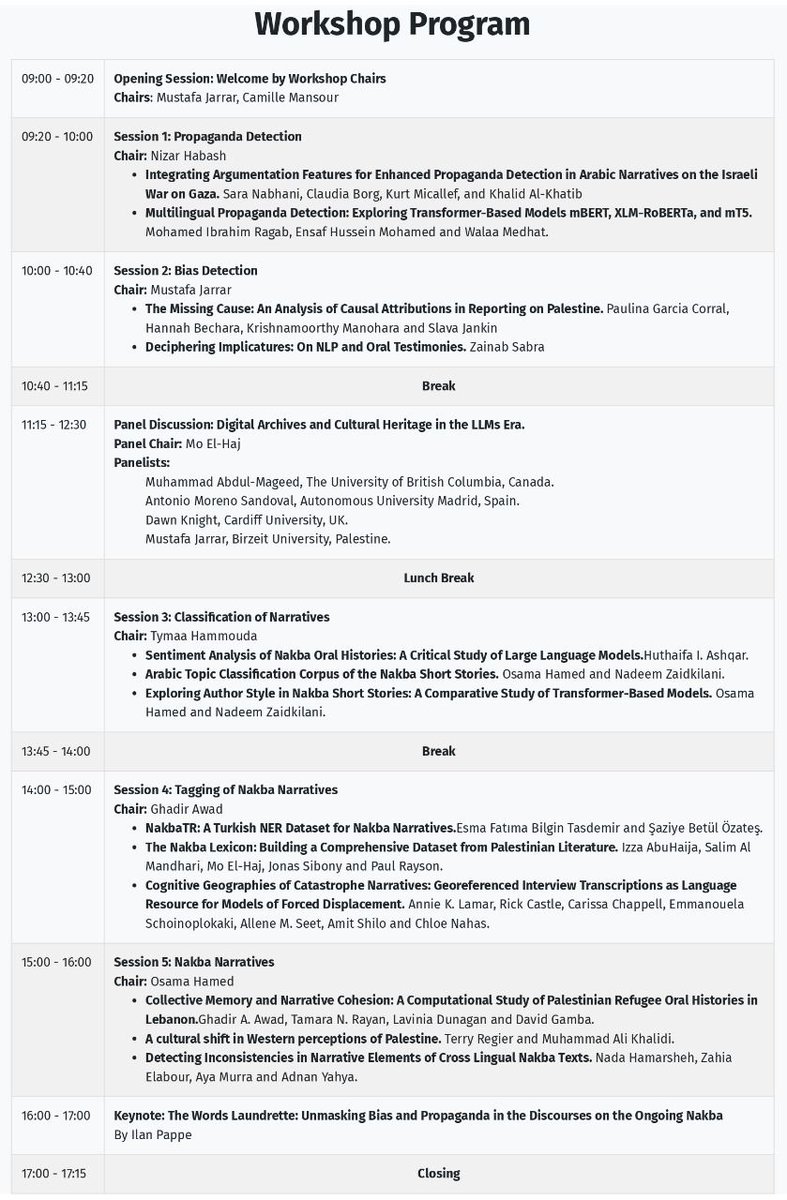 Mustafa Jarrar (@mjarrar) on Twitter photo Call for Attendance: ๐๐๐ค๐๐-๐๐๐ ๐๐จ๐ซ๐ค๐ฌ๐ก๐จ๐ฉ at #COLING2025
Monday 20 January 2025 (9:00-17:00 GMT)
Workshop: sina.birzeit.edu/nakba-nlp/
Registration: coling2025.org/registration/
#NLP #AL #Nakba #Nakba_NLP #Arabic #SinaLab #Birzeit #ArabicNLP #COLING #COLING2024 #NLProc Call for Attendance: ๐๐๐ค๐๐-๐๐๐ ๐๐จ๐ซ๐ค๐ฌ๐ก๐จ๐ฉ at #COLING2025
Monday 20 January 2025 (9:00-17:00 GMT)
Workshop: sina.birzeit.edu/nakba-nlp/
Registration: coling2025.org/registration/
#NLP #AL #Nakba #Nakba_NLP #Arabic #SinaLab #Birzeit #ArabicNLP #COLING #COLING2024 #NLProc