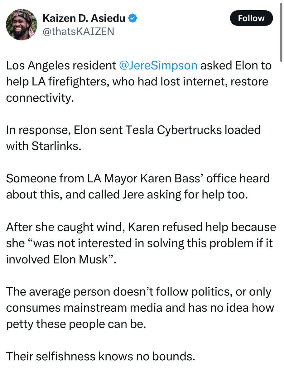 libsoftiktok's tweet image. If you want to understand how evil California Democrat leadership is: Elon Musk send starlink to Los Angeles, and Gavin Newscum and Karen Bass attacked him.

Bass refused Elon’s help for her burning city because it came from someone who supports Trump.

Democrats put politics…
