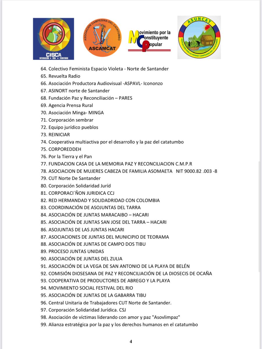 #ATENCIÓN 
Las organizaciones sociales del Catatumbo Ascamcat , Cisca , MCP y Asuncat respaldada por más del 120 organizaciones con acompañamiento de <a href="/DefensoriaCol/">Defensoría del Pueblo</a> del país dirigimos carta pública al <a href="/DelegacionEln/">Delegación ELN</a> y EMB 33 frente Farc del catatumbo al respeto de los 7 mínimos