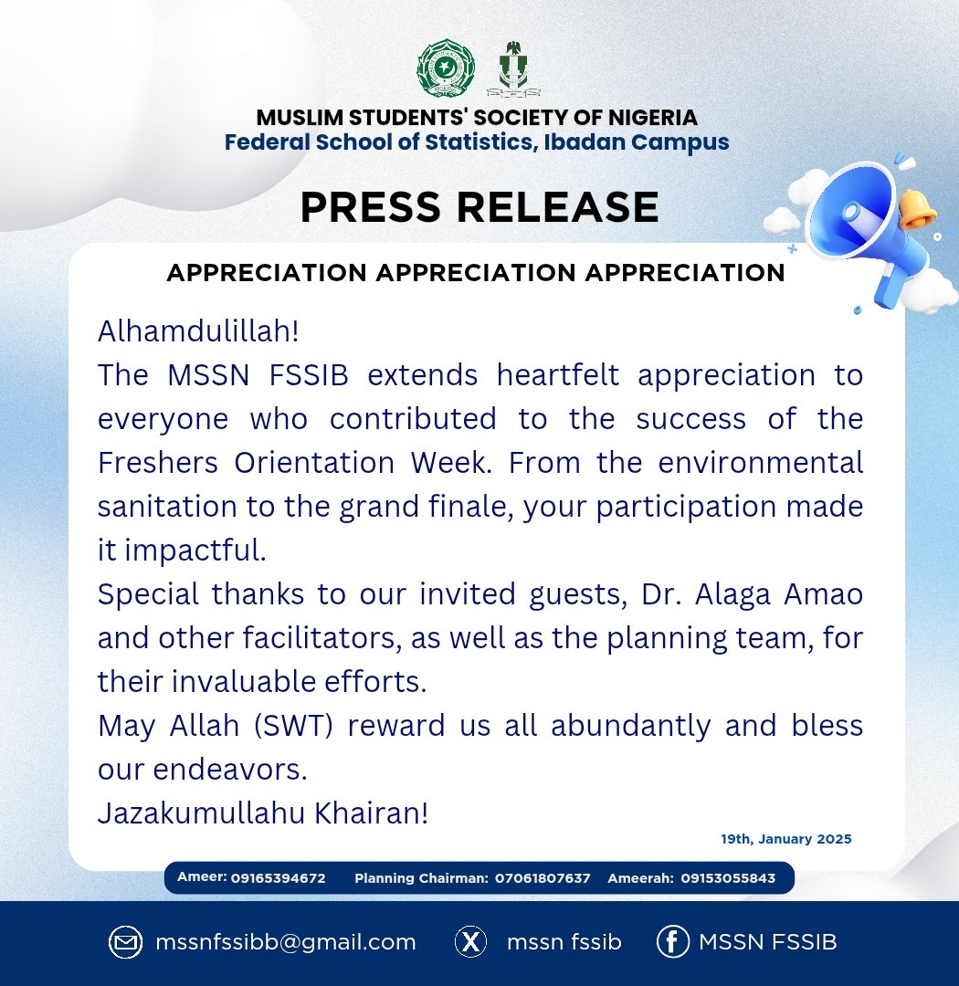 Mssnfssib's tweet photo. Alhamdulillah!
The MSSN FSSIB appreciates everyone who contributed to the success of the Freshers Orientation Week. From the DAY 1 to the grand finale, your support and participation were inspiring.
May Allah (SWT) reward us all and bless our endeavors.
#MSSNFSSIB https://t.co/fp4o74t00A