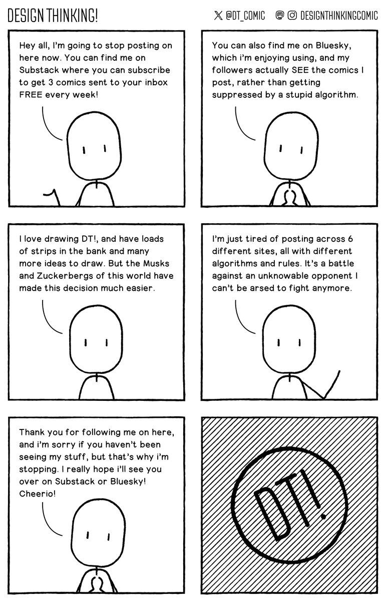 Hey folks, I'm going to stop posting here now. This has always been my biggest audience, so this is a pretty galling decision, but Musk's bullshit and the fact that so few followers actually see my comics makes this decision a lot easier...
Some links where to find me in replies
