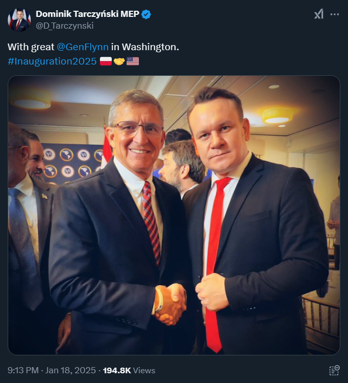 rzep8's tweet image. Tarczyński chwali się zdjęciem z Michaelem Flynnem.

Kim jest Flynn? To najkrócej urzędujący doradca prezydenta USA d.s. bezpieczeństwa - był na stanowisku całe 23 dni i odszedł w atmosferze skandalu po tym gdy wyszło, że kłamał w temacie kontaktów z Rosją.