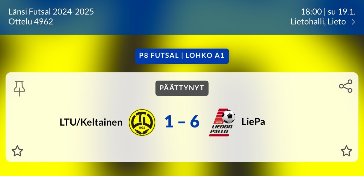 P8 Futsal:

APU 2018 - LTU Keltainen 0-5

tulospalvelu.palloliitto.fi/match/3720221/…

LTU Keltainen - LiePa 1-6

tulospalvelu.palloliitto.fi/match/3720220/…