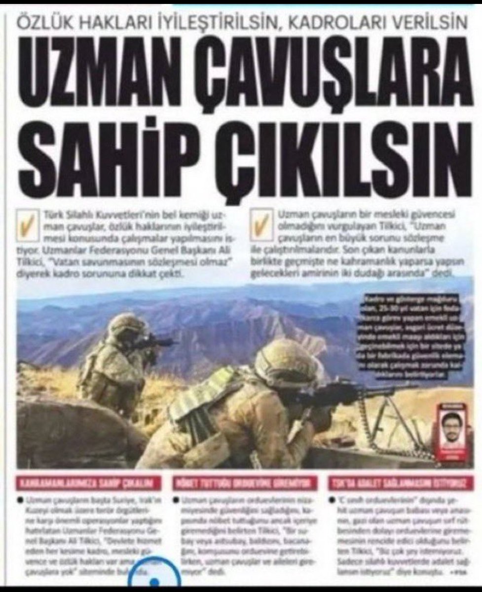39 Yıllık Hasret
39 Yıllık Bekleyiş
39 Yıllık Özlem
39 Yıldır Sözleşmeli Olarak Vatana Can Eken Uzman Çavuşlar mesleki güvencem KADROM olsun istiyor çok mu ? Bu yiğitlere..
Özlük haklarını düzeltilmesini düşünmüyormusunuz!!!!

#UzmanÇavuş