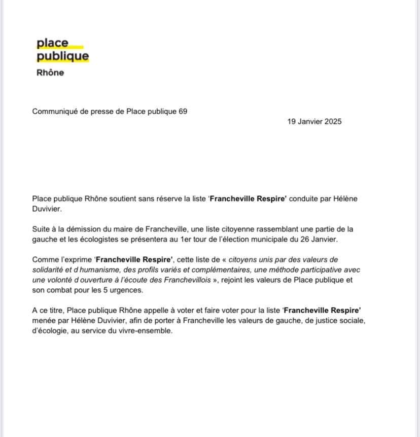 🙌 🗳️ Place publique Rhône appelle à voter et faire voter pour la liste  « Francheville Respire » menée par Hélène Duvivier, afin de porter à #Francheville les valeurs de gauche, de justice sociale, d’écologie, au service du vivre-ensemble. ✊