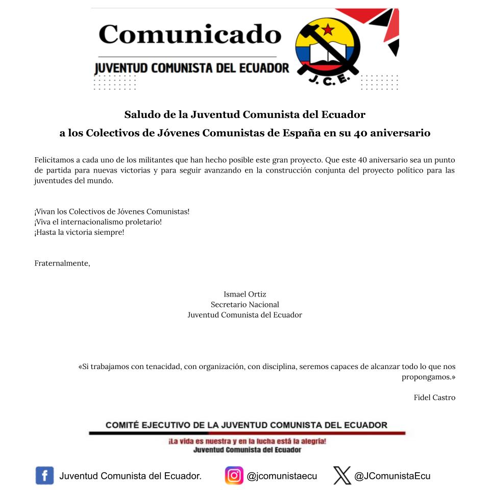 JCE_Nacional's tweet photo. 📣 Nuestro saludo a los camaradas de los @CJC_Media por su 40 aniversario.

Su disciplina militante es una inspiración para nuestra organización y para todos aquellos que anhelamos un mundo más justo.

¡Vivan los Colectivos de Jóvenes Comunistas de España! https://t.co/pLvisWCjcd