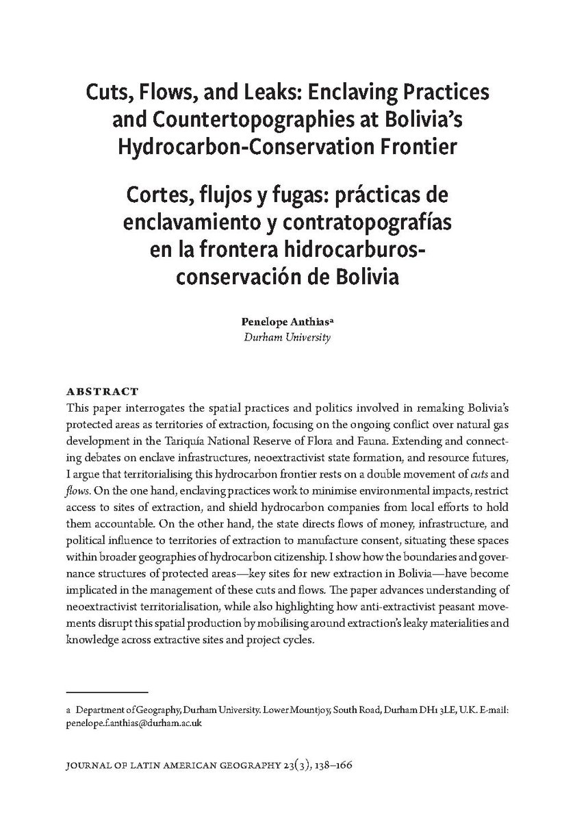 Journal of Latin American Geography (@jlatamgeog) on Twitter photo <a href="/PenelopeAnthias/">Penelope Anthias</a> interrogates the spatial practices and politics in a conflict over new gas development in Tarija, Bolivia, arguing that state-led extraction rests upon enclaving practices that hide environmental impacts and enable gas rents to flow.
muse.jhu.edu/pub/15/article… <a href="/PenelopeAnthias/">Penelope Anthias</a> interrogates the spatial practices and politics in a conflict over new gas development in Tarija, Bolivia, arguing that state-led extraction rests upon enclaving practices that hide environmental impacts and enable gas rents to flow.
muse.jhu.edu/pub/15/article…