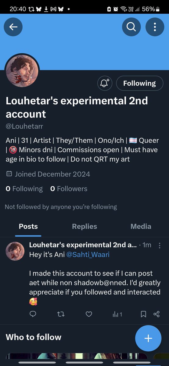 Hey guys I don't know if I'll be nuking my main, most likely not, but could you please give me a follow on my new alt <a href="/Louhetarr/">Ani Louhetar 🐈‍⬛🐈‍⬛ Modern AU Tristhad Era</a>