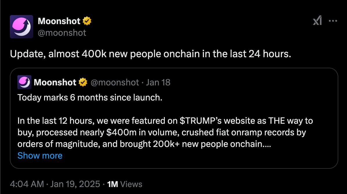 QuestsHunter's tweet photo. 🚀 @moonshot makes history! Moonshot is stealing the spotlight today.

what happened in the last 24 hours:
 • 💥 400k+ new users onboarded on-chain.
 • 💸 $400M+ volume processed in just 12 hours!

#Moonshot #TRUMP #crypto #Web3 #blockchain https://t.co/nW2nYDkf03