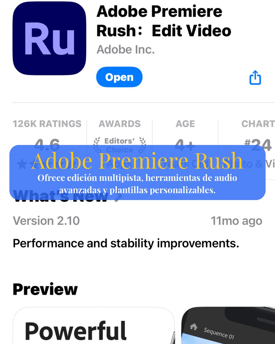 oswar's tweet photo. 5. Adobe Premiere Rush
 • Herramientas: Edición multipista, plantillas personalizables y herramientas avanzadas de audio.
 • Precio: Plan gratuito limitado; $9.99/mes para la versión completa.
 • Ideal para: Quienes buscan integración con otras herramientas de Adobe. https://t.co/ZIBFCeyLoJ