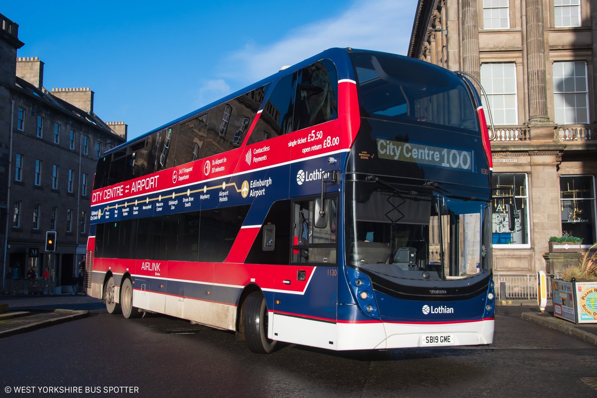 One of only 3 Lothian XLBs to be painted in this special Airlink 'promo' livery; 1130 is seen here turning into Hannover Street earlier this week on a 100 to Edinburgh Waverley Bridge.