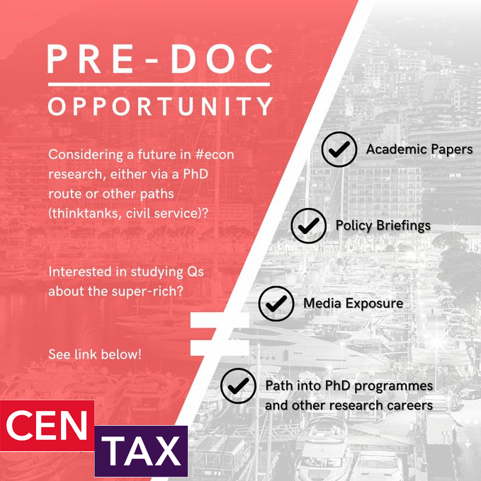 Arun Advani (@arunadvaniecon) on Twitter photo 🚨PRE-DOC OPPORTUNITY🚨
If you are
🔸considering a future in #econ research, via a PhD or other paths (thinktanks, civil service);
🔸interested in studying Qs abt tax, growth & ineq;
then come work w/me, <a href="/Summers_AD/">Andy Summers</a> + @centaxuk team
econjobmarket.org/positions/11397
#econ_ra #econtwitter 🚨PRE-DOC OPPORTUNITY🚨
If you are
🔸considering a future in #econ research, via a PhD or other paths (thinktanks, civil service);
🔸interested in studying Qs abt tax, growth & ineq;
then come work w/me, <a href="/Summers_AD/">Andy Summers</a> + @centaxuk team
econjobmarket.org/positions/11397
#econ_ra #econtwitter