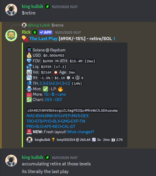 KulbikC's tweet photo. 9 days ago at @404Labs_ I said that I'm accumulating $RETIRE at 690k levels 

today it hit $20M. that's clear x25+

 (my first shill was here, on X sub 100k; so we can say 200x ay?)

if you're not following me yet - it's cool. you will soon 🫵😂 https://t.co/5Cle2gOUmq