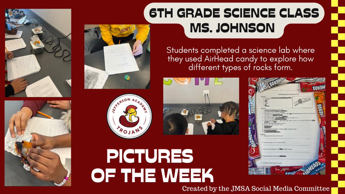 JATrojans's tweet image. #JSMC Picture of the Week: Jefferson students recently completed a very unique science lab experiment.  

Led by their Science teacher, Ms. Johnson, the students conducted a series of tests using Air Head candy to explore how different types of rocks form. 
🔬-6th grade