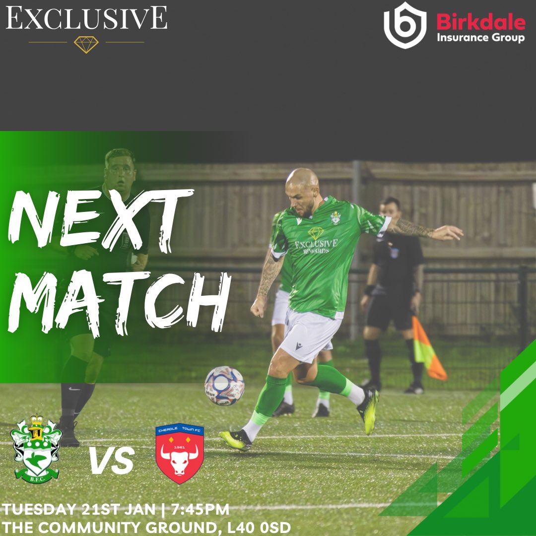 We welcome Cheadle on Tuesday night for a rescheduled midweek game under the lights…

🗓️Tuesday 21st January
🆚 <a href="/CheadleTownFC/">Cheadle Town FC</a> 
⏱️7:45pm K.O.
📍The Community Ground, L40 0SD

🎟️Adult £7 | Cons £5 | U16s £3
🍻1946 Lounge open from 5:30pm
🥧BFC Snack hut open from 6:45pm