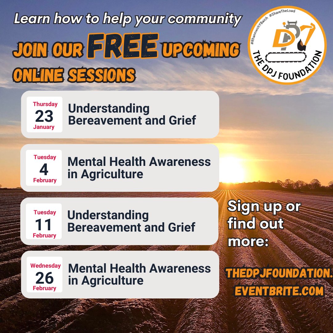 🧠🧡 FREE Online Sessions 🧡🧠

Over the next month, The DPJ Foundation are holding online sessions for 'Understanding Bereavement and Grief' and 'Mental Health Awareness in Agriculture'. 🧡🧠

These sessions are FREE, sign up today 👉🏼 eventbrite.co.uk/o/the-dpj-foun…