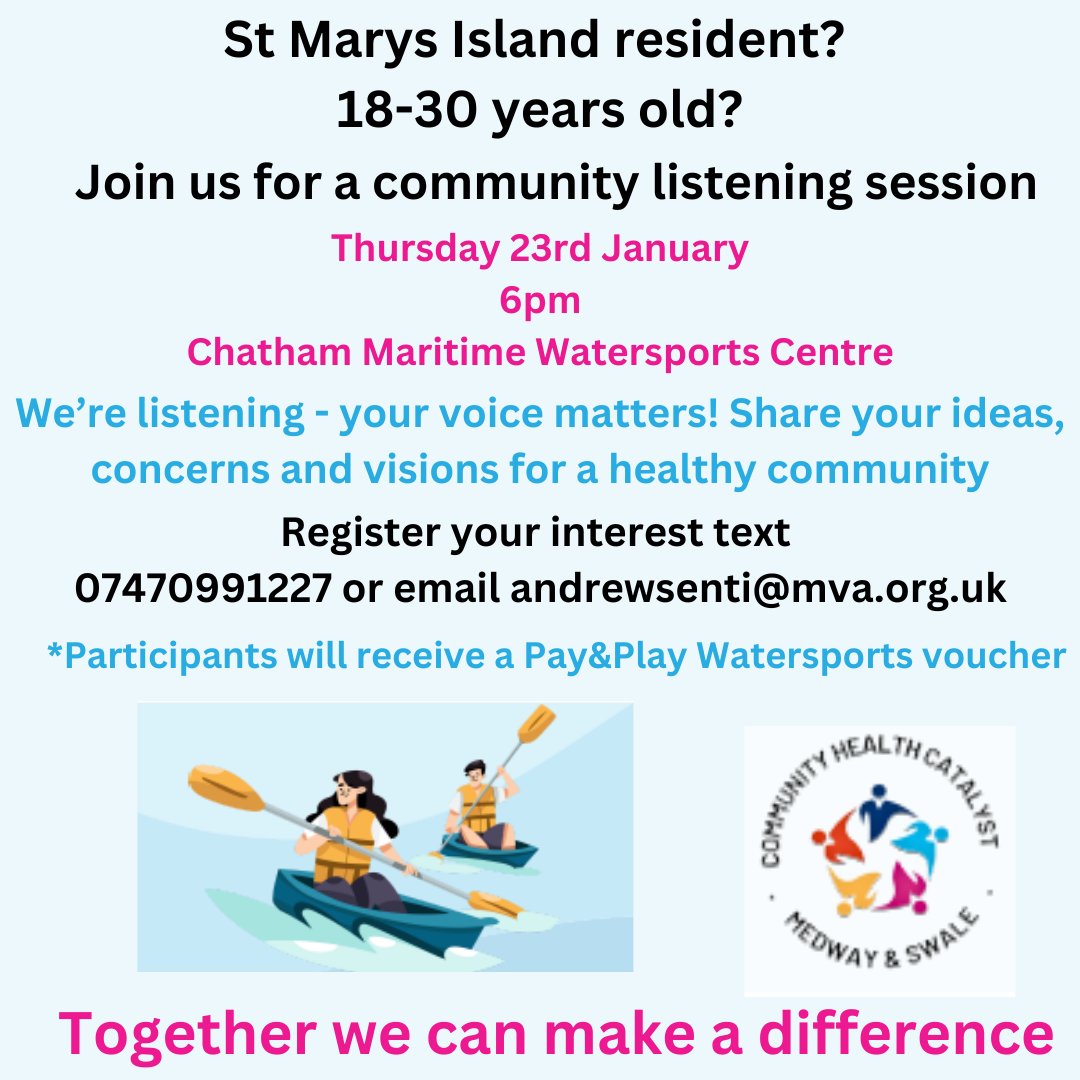 Free Watersports!
Live on SMI? Aged 18-30 able to join us Thurs. 23rd Jan 6pm share ideas concerns &amp; visions for a healthy community. Attendance rewarded with free Pay&amp;Play session <a href="/CMTWatersports/">Chatham Maritime Watersports Centre</a> 10 spaces available Must register text 07470991227 or email andrewsenti@mva.org.uk