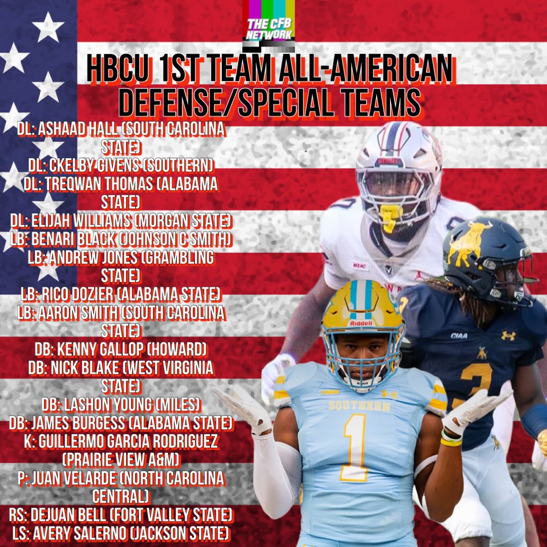 thecfbnetwork's tweet photo. Here are the 2024 CFBNETWORK HBCU All-American 1st Team Defense/Special Teams selections https://t.co/ejliEQqETE