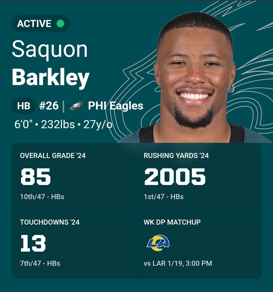 RichTucker's tweet photo. Saw it during intros and had to double check via internet... How is @saquon the 10th ranked HB with an 85 grade by PFF? 

#Eagles #NFL https://t.co/6sU3GzaS72