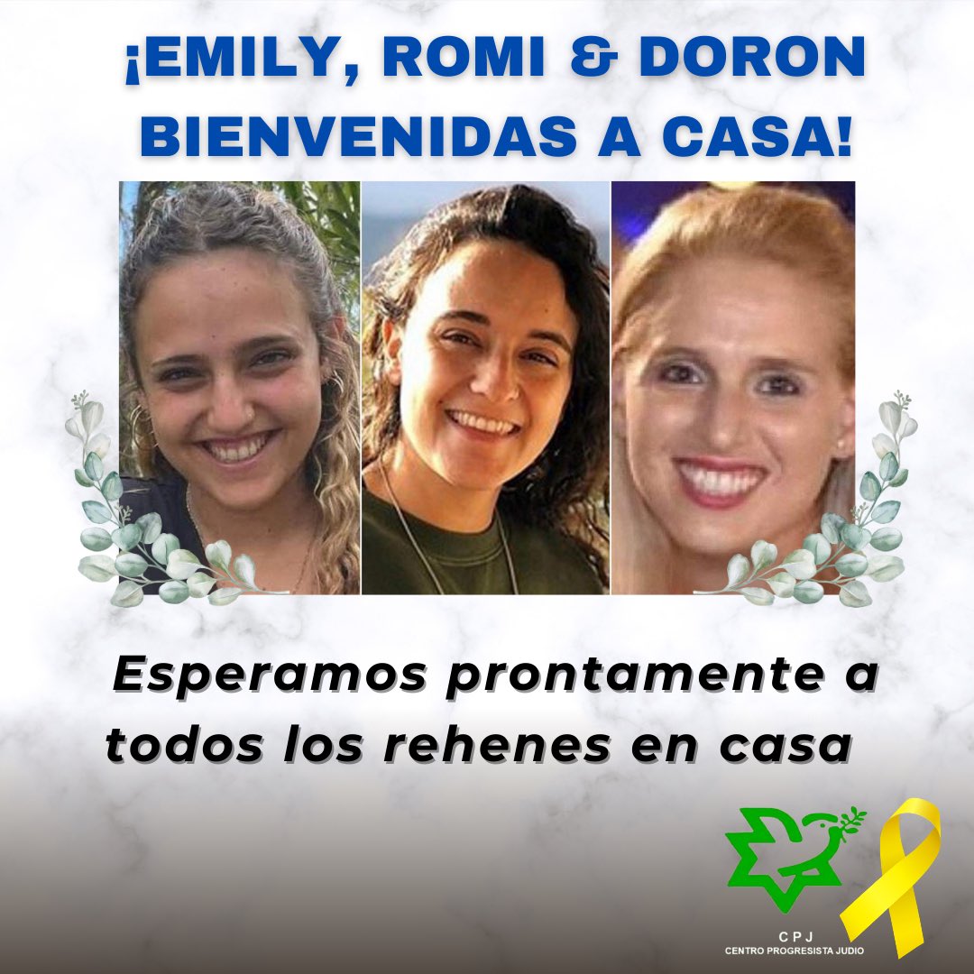 Hoy una noticia que llena de esperanza y emoción: la liberación de tres rehenes israelíes ¡Bienvenidas a casa! Esperamos prontamente a todos los rehenes en su hogar