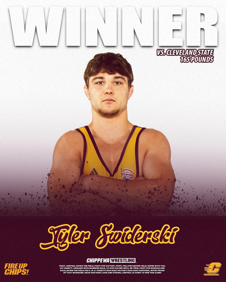Tech Fall win for Swiderski. CMU 17, Cleveland State 7.
#FireUpChips
