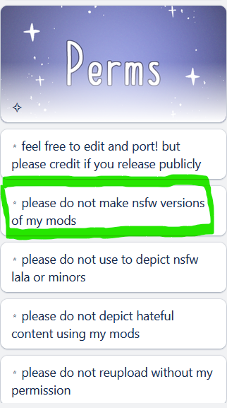 idonotheal_'s tweet image. hello! sorry i've been a bit away from twt.
i added this to my perms
i can't stop anyone from doing whatever they want with my m0ds (especially since they're vanilla mashups), but i would appreciate if my m0ds were not used as a basis for ns/fw edits.
hopefully that's cool 🫡