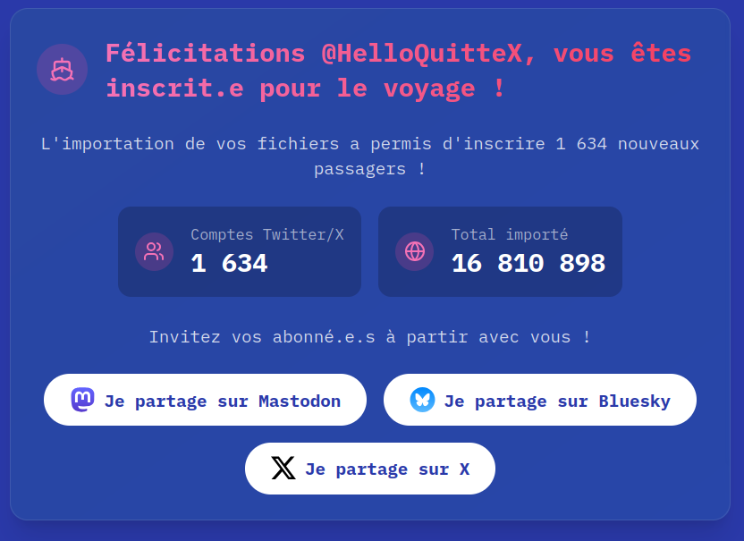 Whaouh, on va passer les 17M ! Ce serait fou qu'on ait 20M d'ici demain soir... 
-  1 min pour référencer vos comptes depuis votre tel, c'est déjà un bon 1er pas➡️app.HelloQuitX.com
- 2 min pour partager votre archive X (c'est un plus, on retrouvera plus de monde)