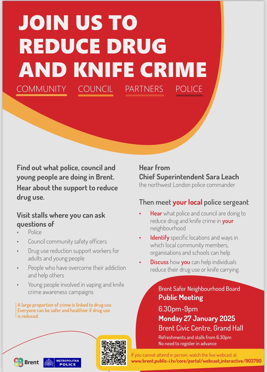 Public meeting on Monday 27th January, 6.30-9pm at Brent Civic Centre, where Residents can hear about Police efforts to reduce drug and knife crime in Brent and voice concerns. Unable to attend? Watch a live webcast for 3 months after the meeting. brent.public-i.tv/core/portal/we…