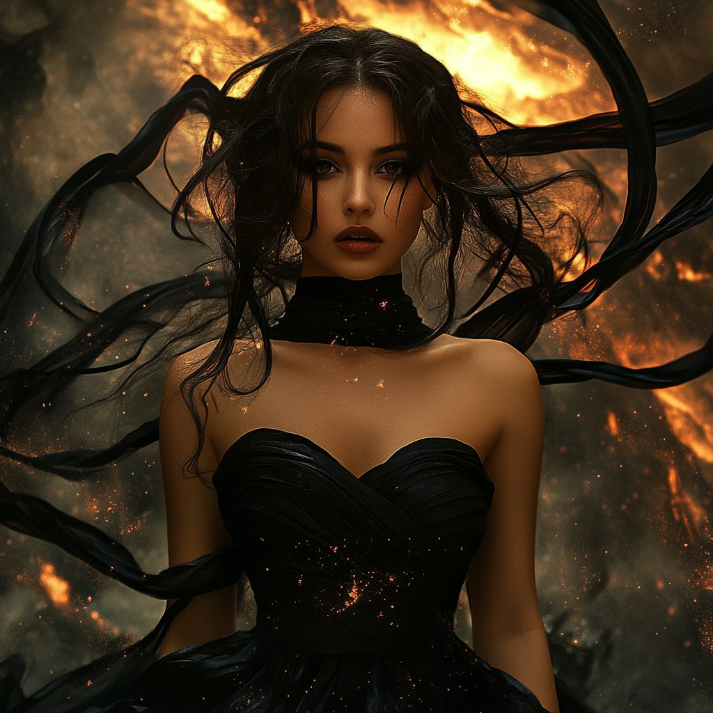 Enchantress of Flames
A captivating figure draped in black, surrounded by swirling fire and embers, exuding elegance and power
MysticalBeauty 
#Enchantress 
#FieryElegance 
#FantasyArt 
#DarkAesthetic
