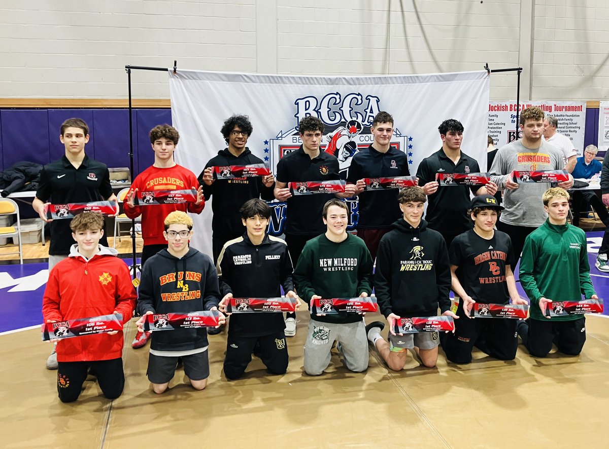 The gold medalists at the 2025 Bergen County wrestling tournament.