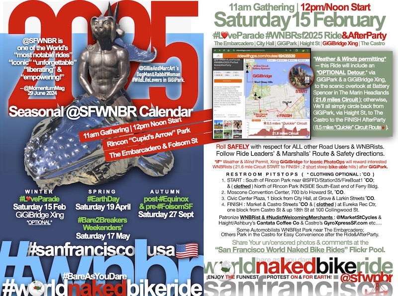 sfwnbr's tweet photo. Our Sat 15 Feb #LoveParade #WNBRsf2025 is just around the corner! Get Your Wheels tuned &amp; ready to GddyUp &amp; Parade Demonstrate Protest &amp; Tour around iconic San Francisco🇺🇸USA in #ThePureSuitOfHappiness ( #BareAsYouDare ) to save Our Planet! #LessGasMoreAss #SocialPublicNudism https://t.co/bmnHAiOSwA
