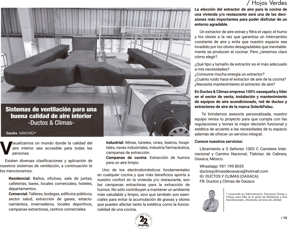 📣 Hojas Verdes
👉 Temas relacionados al medio ambiente y en defensa de los animales.
▶ Sistemas de ventilación para una buena calidad de aire interior
-Ductos &amp; Climas -
Sandra Sánchez