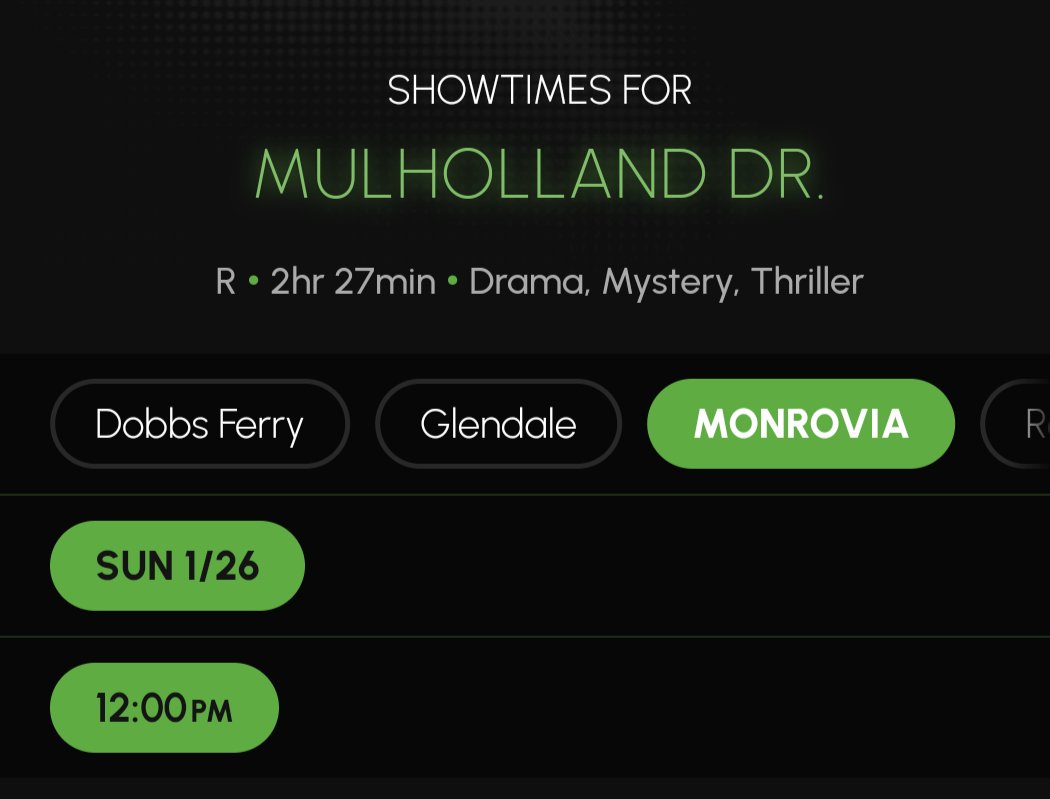 Trill_tour's tweet photo. @letterboxd For those in the SoCal area, Look Cinemas in Glendale and Monrovia will be playing Mulholland Drive next Sunday at noon. They'll also be showing a bunch of other Lynch movies throughout the week https://t.co/IILg2mpGw3