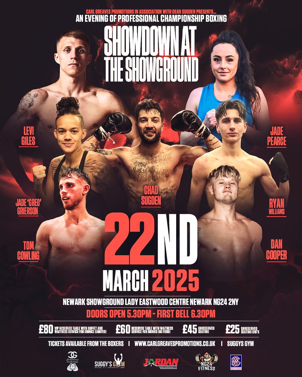 CarlGreavesPro's tweet photo. @CarlGreavesPro in association with @deansugdenNMA Presents
Professional championship boxing
Saturday 22nd March
Featuring former British title challengers @LeviGiles03 @Chadsugden 🥊
#JadeGreo title fight
@jadepearce94 pro debut
@_TomCowling1
#DanCooper
#RyanWilliams https://t.co/YUVaquOOy8