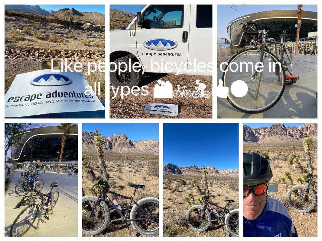 Like people, bicycles come in all types
^Pedaled road bicycle on SR 160 and found <a href="/EscapeBikeTours/">Escape Adventures</a> magnet Sat PM, then saw EA car
^Raleigh bike at <a href="/AllegiantStadm/">Allegiant Stadium</a> for <a href="/InterMiamiCF/">Inter Miami CF</a> v <a href="/ClubAmerica/">Club América</a> Sat night
^Mountain bike Surly Pugsley chewing dirt trail at <a href="/RedRockCynLV/">Red Rock Canyon LV</a> Sunday AM