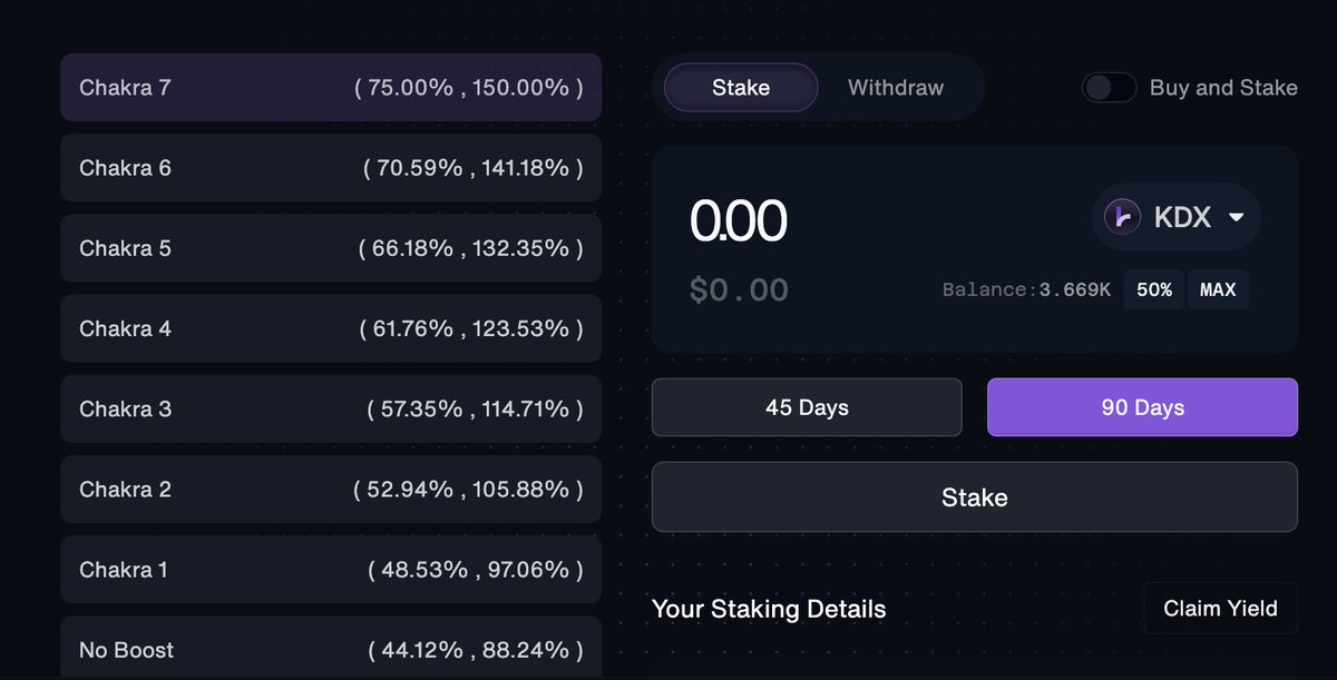 KriyaDEX's tweet photo. Why stake your $KDX stimmy? 🔒
> Earn KDX rewards
> Earn Revenue Share
> Earn Fee rebates
> Boosted APY on staking

These are the current APY as per your Chakra NFT
(45d Staking APY, 90d Staking APY)

KDX farms will be refilled in a few hours and yield should be claimable https://t.co/znolL3lZwd