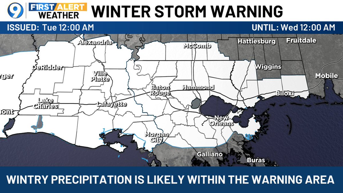 A Winter Storm Warning has been issued for the areas in white. Significant wintry precipitation is expected in the warning area. More >> wafb.com/weather?utm_me…