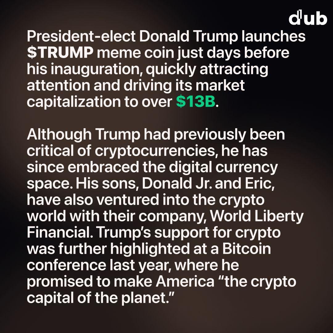 🚨 Just days before taking office, President-elect Trump launches $TRUMP  meme coin which has already soared to a market cap of $13 billion. Once a  critic of crypto, Trump now dives into