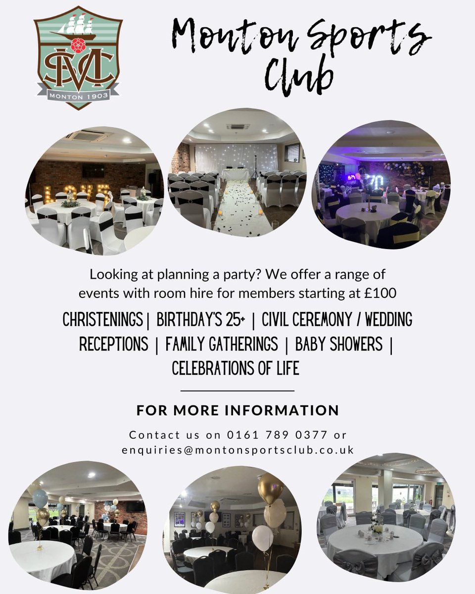 Looking at booking a party this year? Our function room can host a variety of different events. Contact us for further information enquiries@montonsportsclub.co.uk
#weddings #parties #roomhire #monton