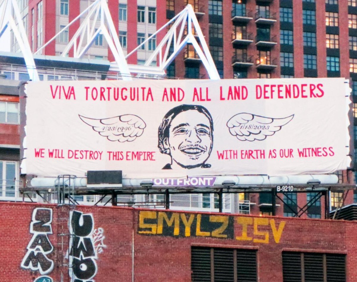 JPHilllllll's tweet image. New Yorkers took over this billboard today in honor of Tortuguita, murdered by the cops for defending the Atlanta forest two years ago.