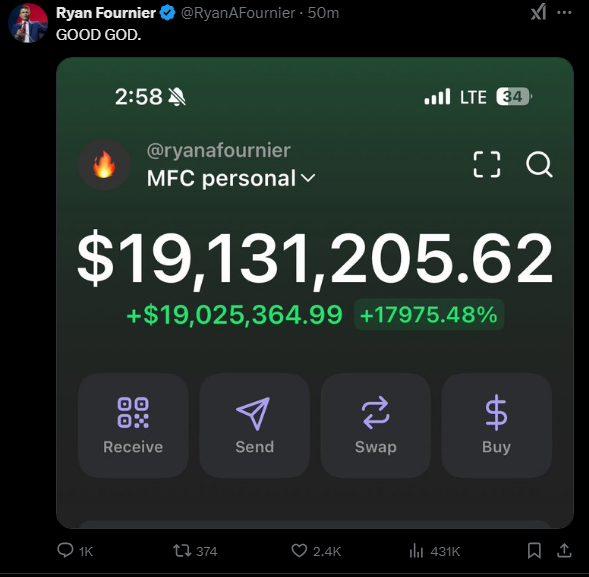 blocknewsdotcom's tweet photo. JUST IN: Founder of 'Students for Trump' @RyanAFournier made $19 million on Donald Trump's meme coin $TRUMP

His initial investment was only $105,000 

That's a 180x in less than 2 days 🤯 https://t.co/lJb98iQE5P