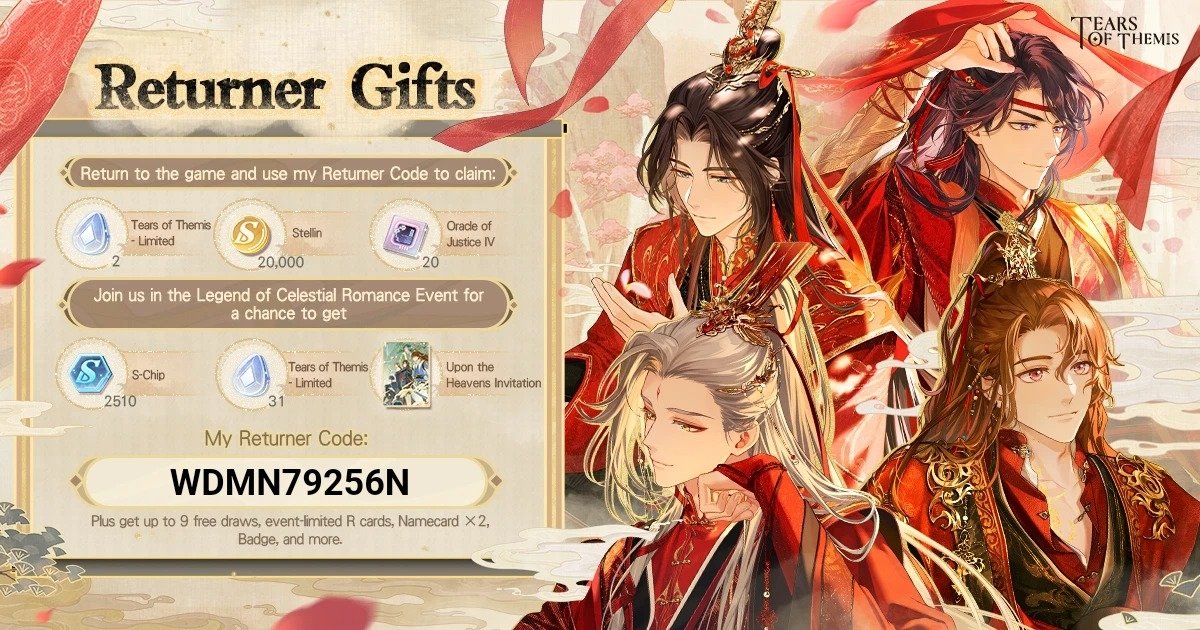 707_10101's tweet photo. Welcome back to Stellis! Here's a Returner Gift for you. Log in now and participate in the "Legend of Celestial Romance" Event! 
Link my exclusive Returner Code "WDMN79256N" to obtain the gift! 
 #TearsOfThemis 
 #LegendofCelestialRomance  Download link:https://t.co/CMSk2eD7Ug https://t.co/d4Jg3uyoCT