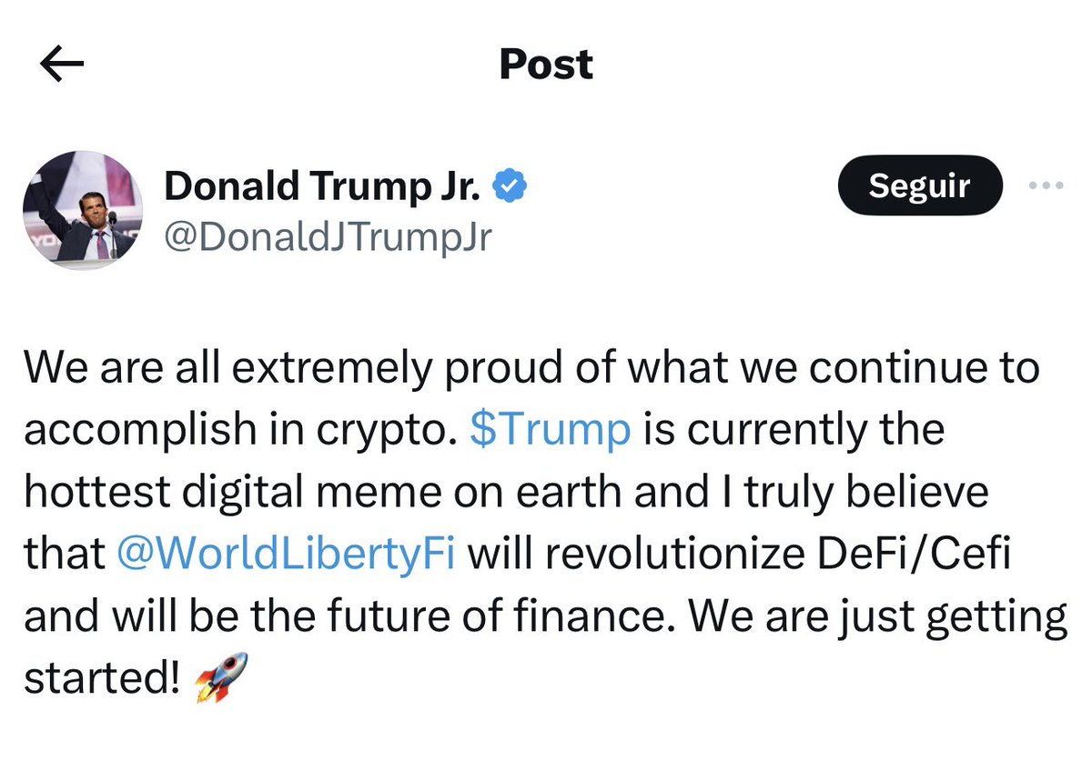 techconcatalina's tweet photo. 🔥BRUTAL🔥

🇺🇸El hijo mayor de Trump, Donald Trump Jr, acaba de publicar en X:

📣”Estamos todos muy orgullosos de lo que seguimos logrando en el ámbito de las criptomonedas. $Trump es actualmente el memecoin más popular del mundo y creo sinceramente que @WorldLibertyFi revolucionará DeFi/Cefi y será el futuro de las finanzas. Solo estamos empezando”

LAS SEÑALES ESTÁN CLARAS‼️